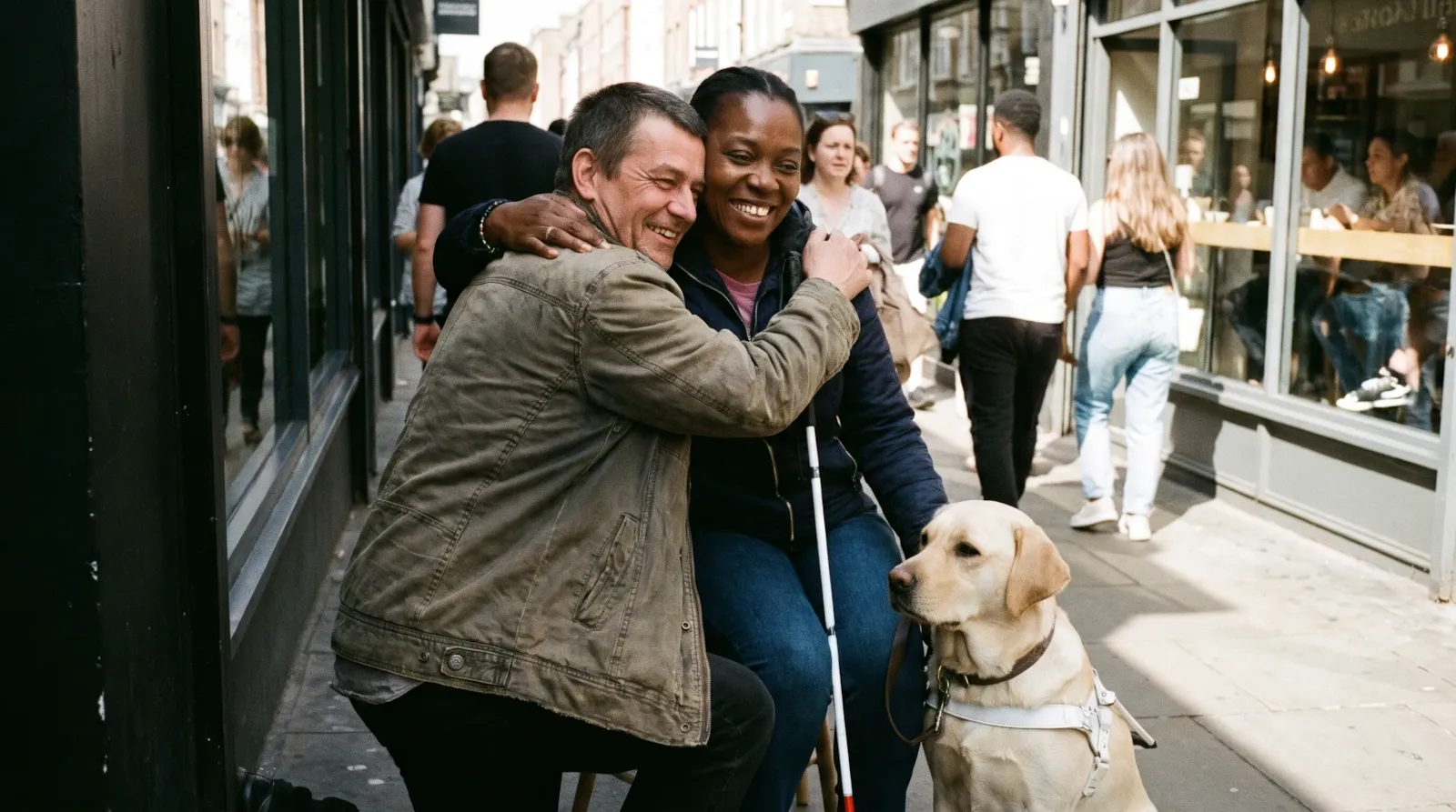A blind woman with her guide dog and white cane greeting her date with a hug outside a busy café