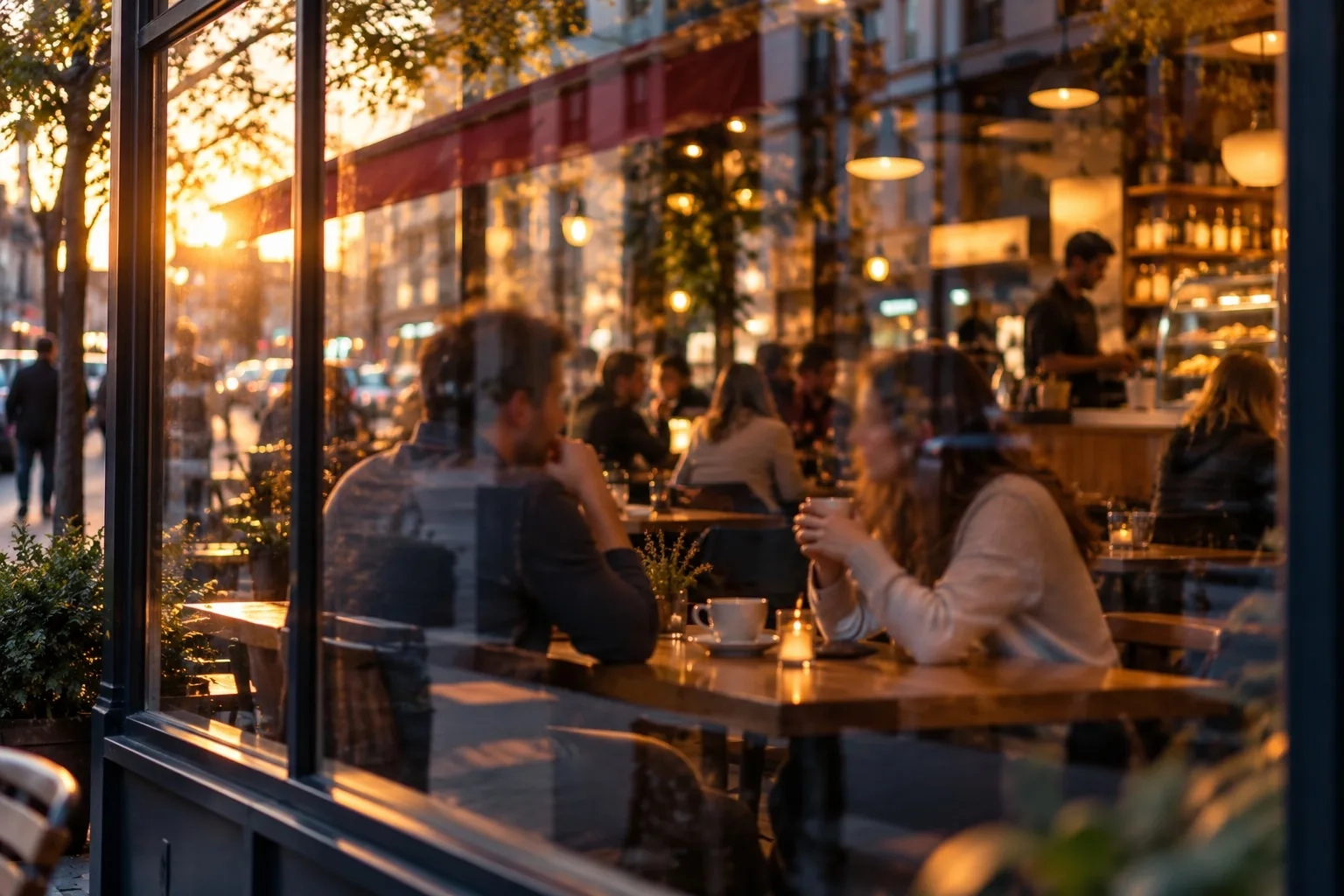 Interior de una cafetería luminosa visto desde la calle a través del cristal, con dos personas conversando en la mesa junto a la ventana