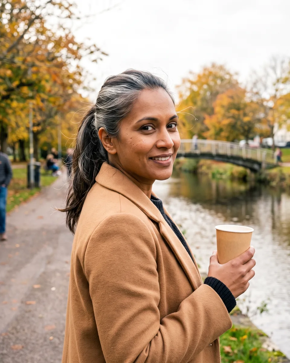 A woman with a silver-streaked black ponytail in a camel coat stands on a riverside path in a Cork park in autumn, holding a coffee in a plain paper cup and glancing back at the camera with a half-smile (AI-generated image)