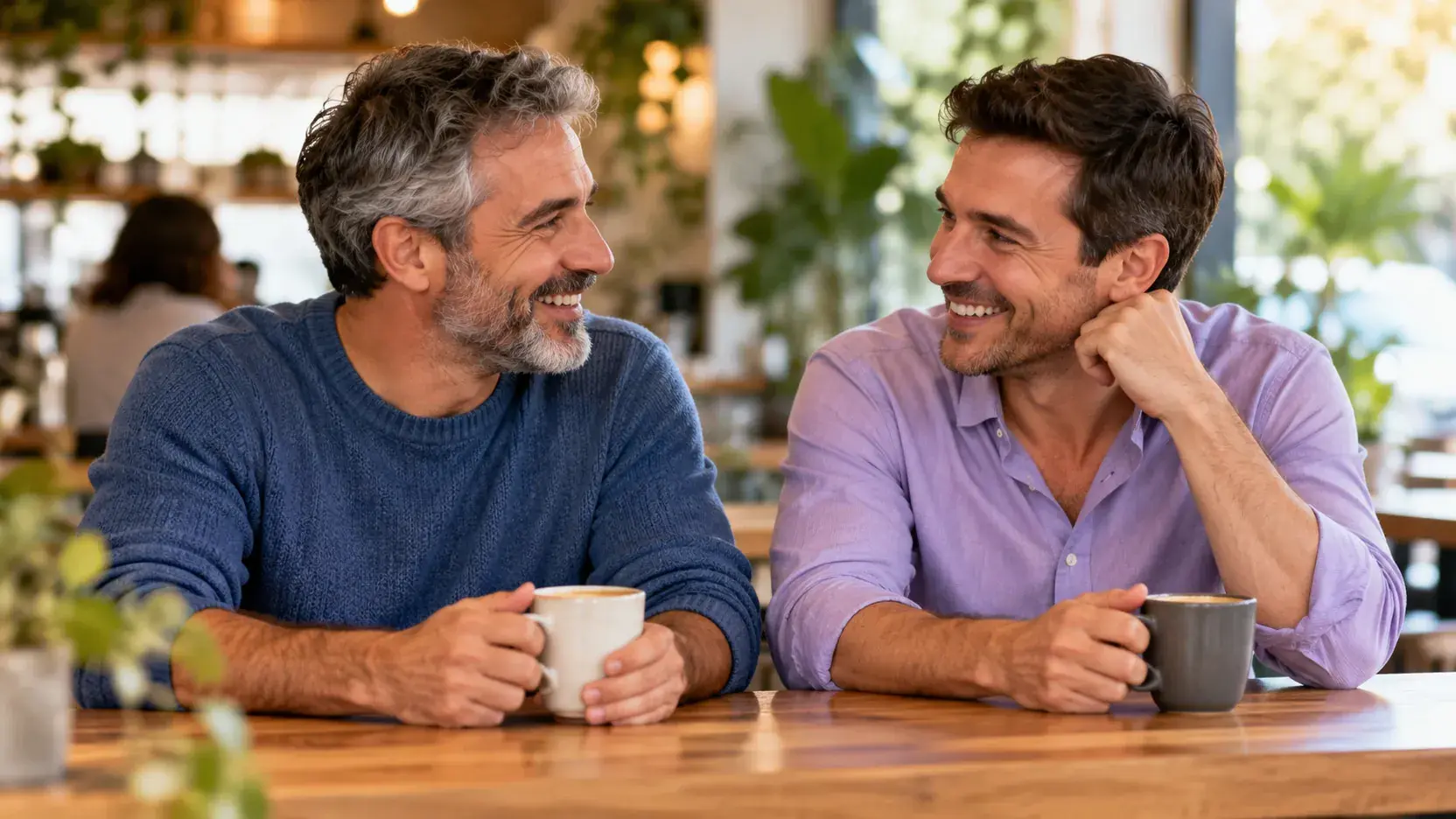 Dos hombres adultos conversan y ríen en la barra de una cafetería luminosa