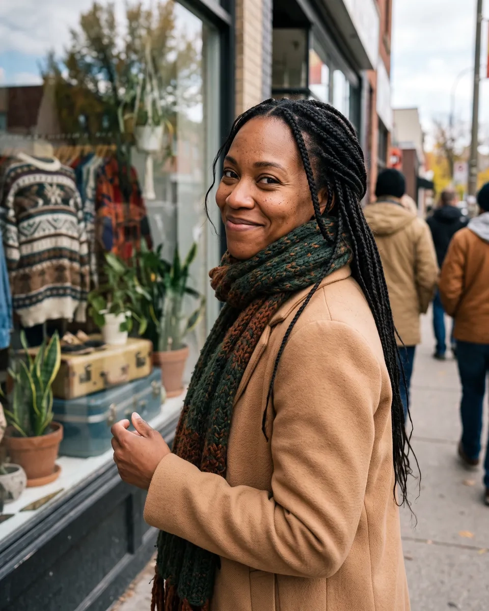 A smiling woman with long braids in a camel coat by vintage shop windows in Kensington, Calgary (AI-generated image)