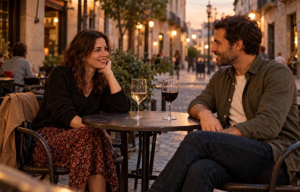 Dos adultos en la terraza de un bar al atardecer durante una primera cita