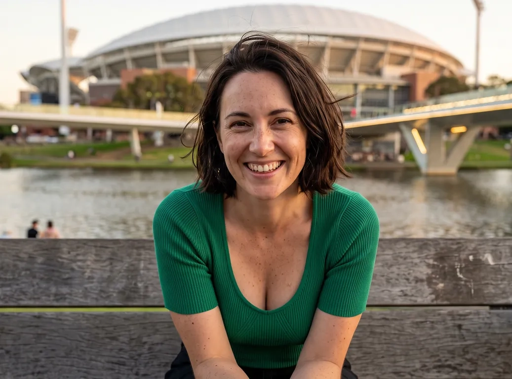 A woman with a glossy dark brown bob and freckles in an emerald-green top smiles at the camera on a bench by the River Torrens in Adelaide at golden hour, a stadium roof and a footbridge behind her (AI-generated image)