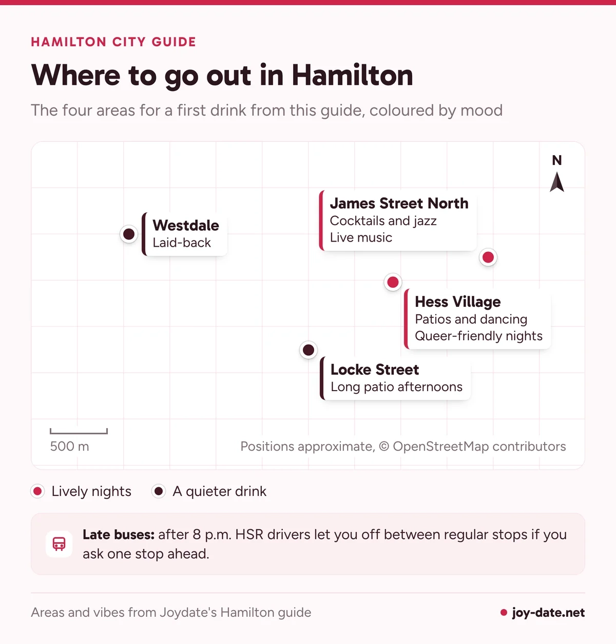 Map of Hamilton first-drink areas: James Street North and Hess Village for lively nights, Locke Street and Westdale for a quieter drink