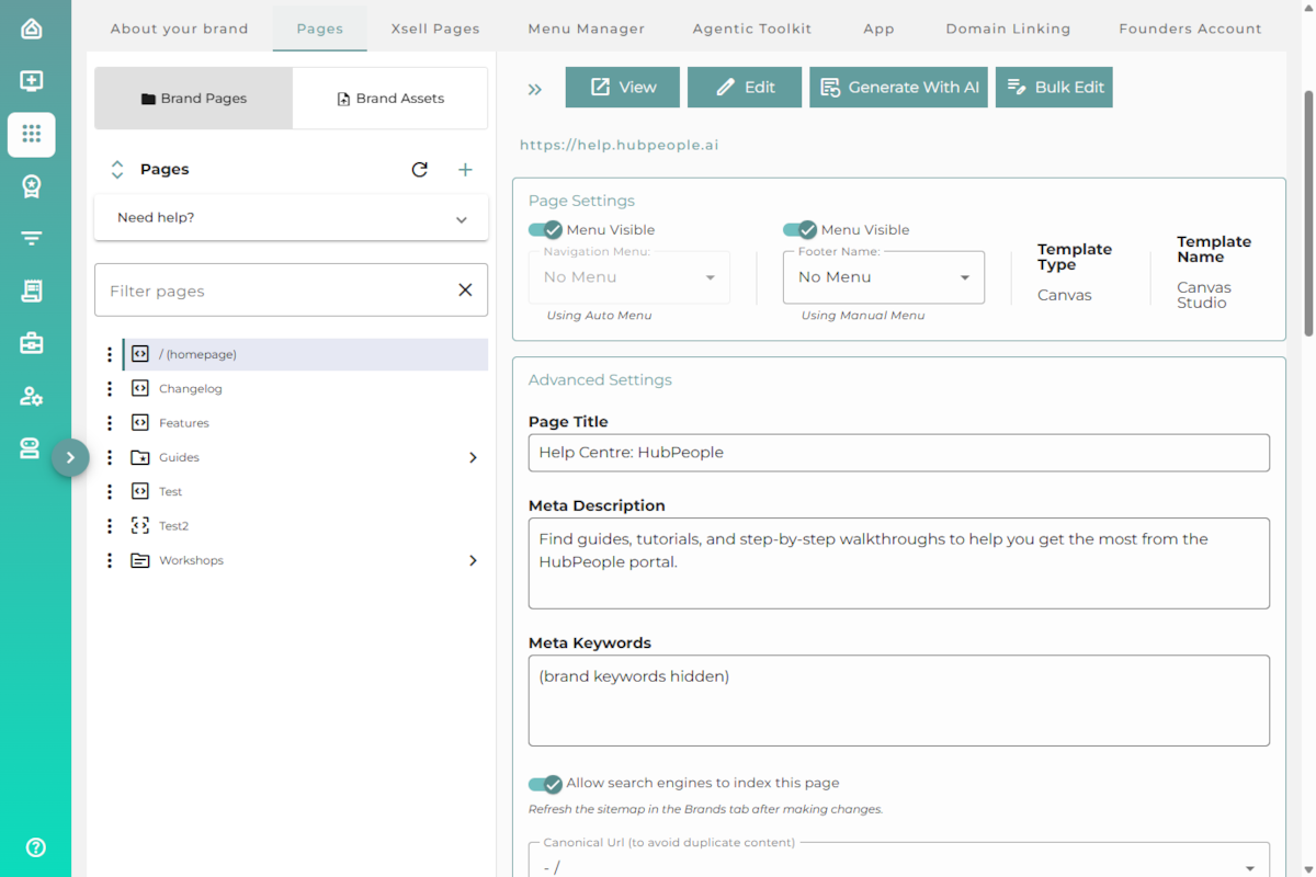 The Pages tab showing the page tree on the left and a page's settings, title, and meta description on the right.