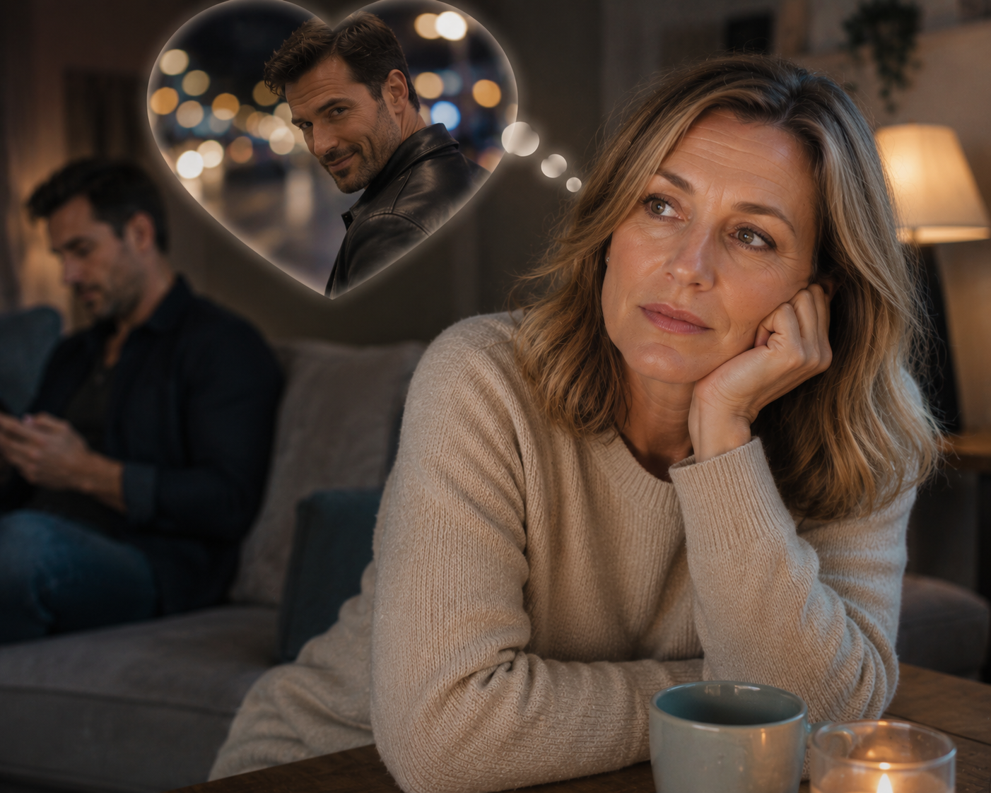 A woman sits on a sofa looking thoughtfully away, while in the background a man on his phone is out of focus; a heart-shaped thought bubble above her shows a different man