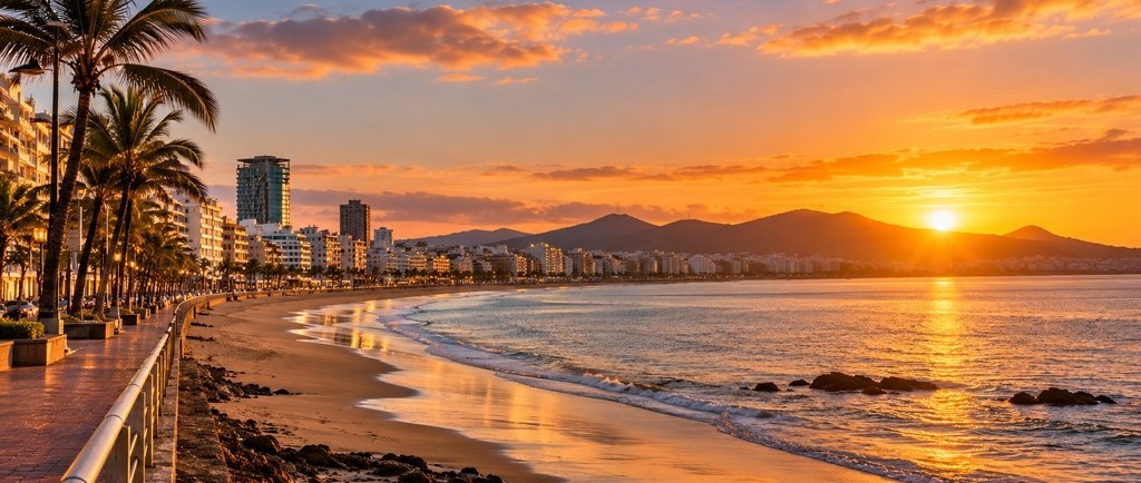 La playa de Las Canteras en Las Palmas de Gran Canaria al atardecer — citas lesbianas en Las Palmas