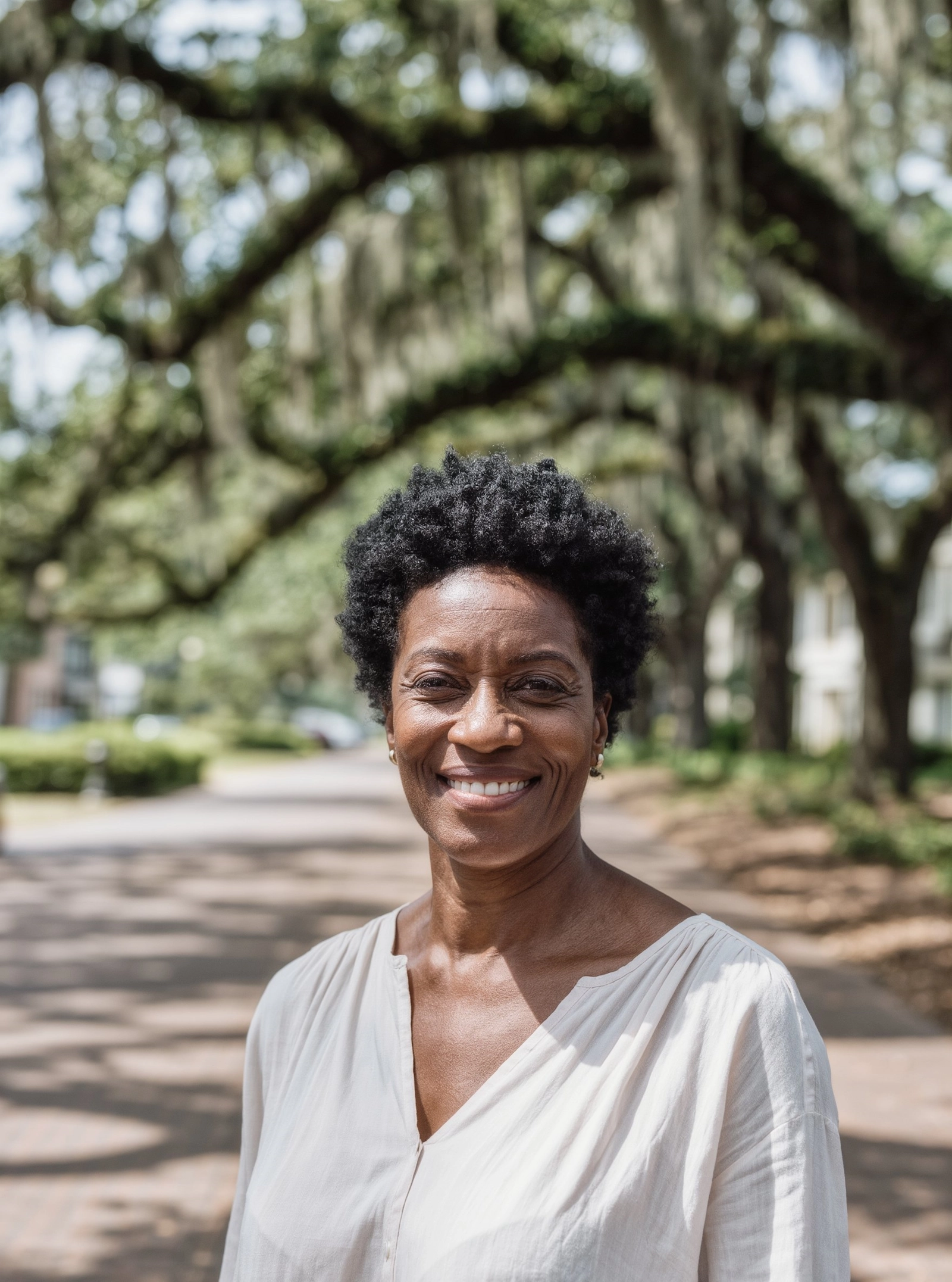 A smiling woman under oak trees draped with Spanish moss in a Georgia town square