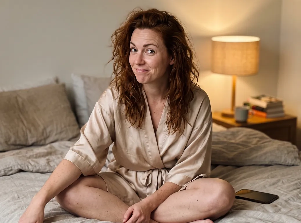 A woman with tousled auburn hair in a champagne satin robe sits cross-legged on her bed in warm lamplight, her phone face down, smiling knowingly at the camera (AI-generated image)
