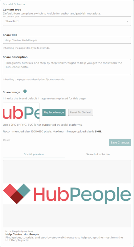 The per-page Social and Schema panel showing content type, share title, share description, share image with guidance to use a JPG or PNG, and a live social preview card.