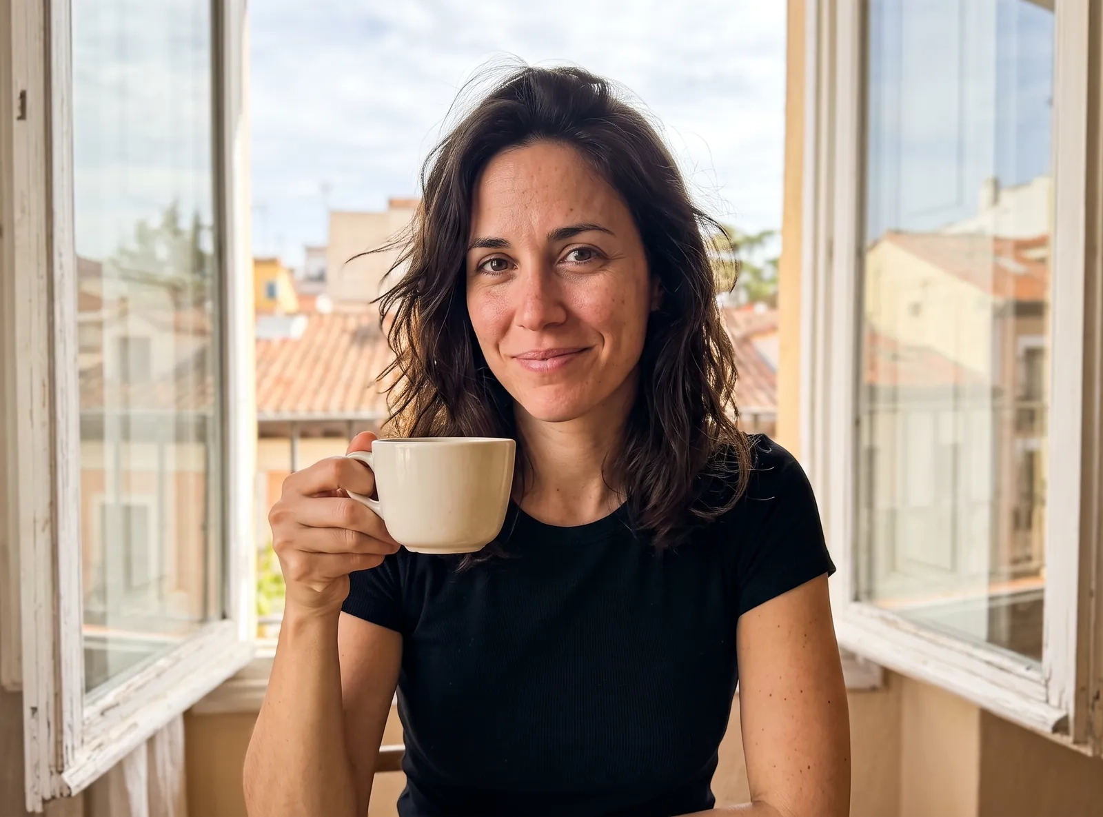 Una mujer de melena castaña y top negro sonríe junto a una ventana abierta con una taza de café, con los tejados de la ciudad detrás (imagen generada por IA)