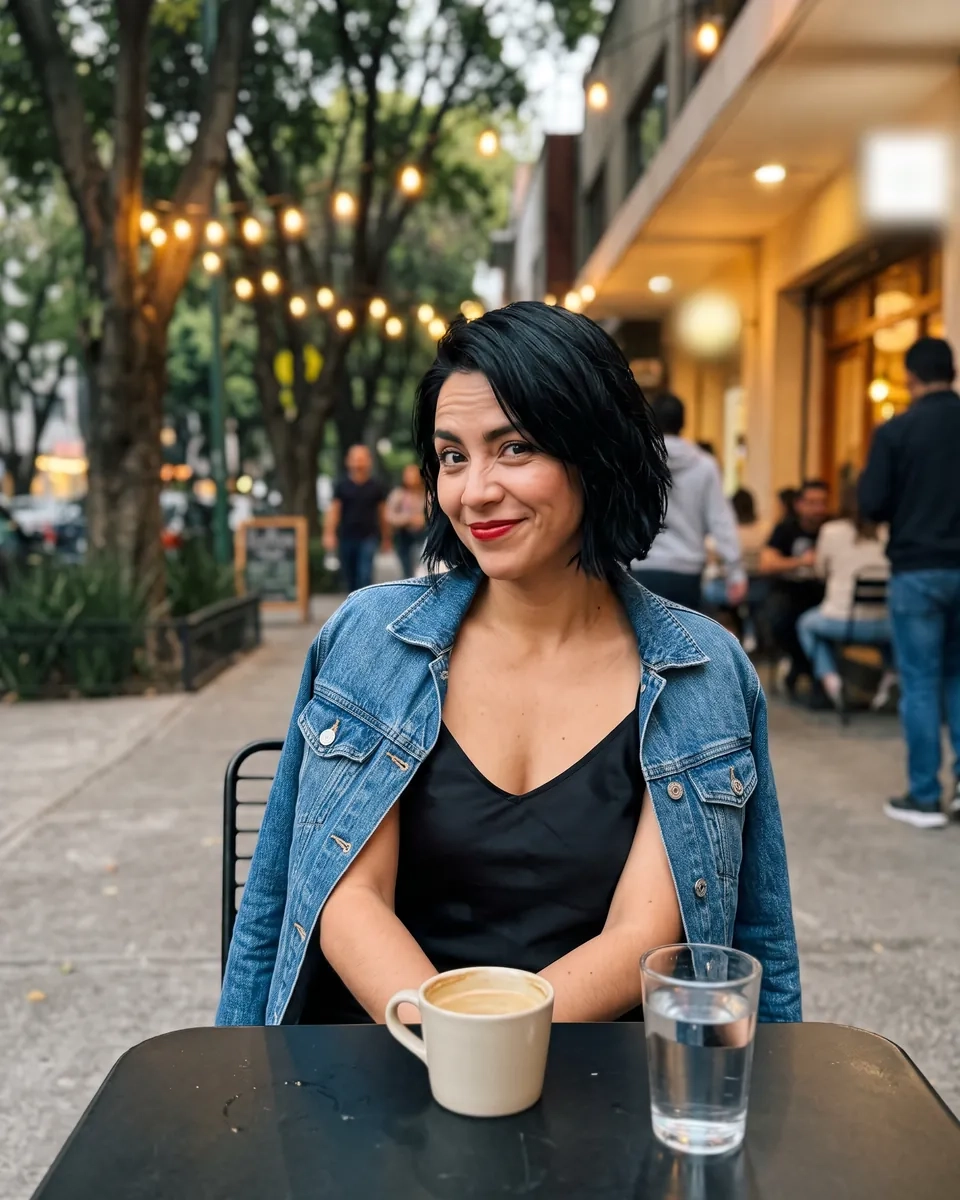 Una mujer con melena corta negra, labios rojos y chamarra de mezclilla sentada en una mesa en la banqueta de la Condesa, con un café y luces entre los árboles (imagen generada por IA)