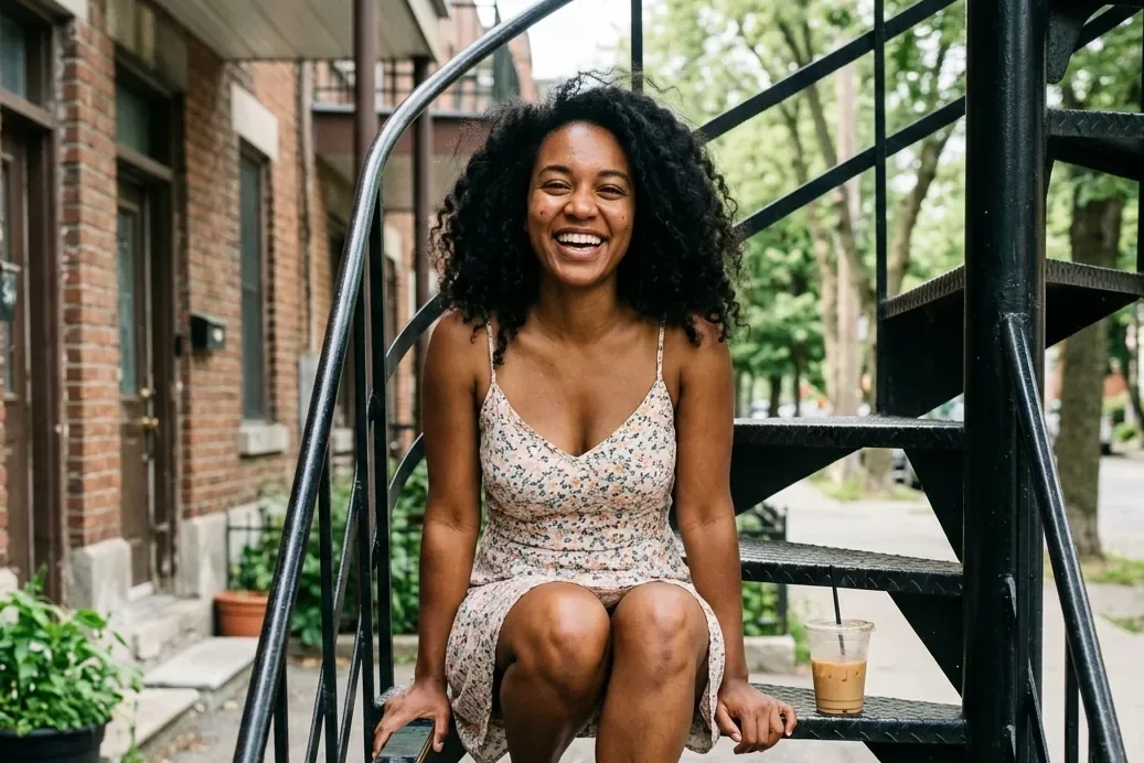 A laughing woman with natural curly hair and a floral summer dress sits barefoot on the iron outdoor staircase of a brick building in Montreal's Plateau, an iced coffee beside her (AI-generated image)
