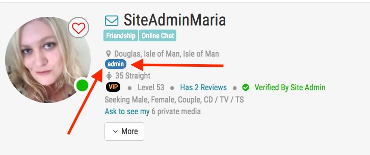 A Site Admin profile with red arrows pointing to the navy blue admin badge below the username