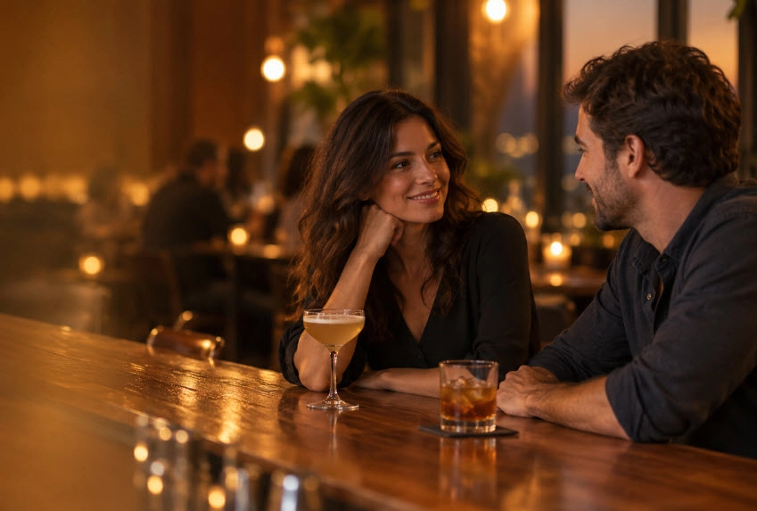Dos adultos conversando en la barra de un bar con luz cálida