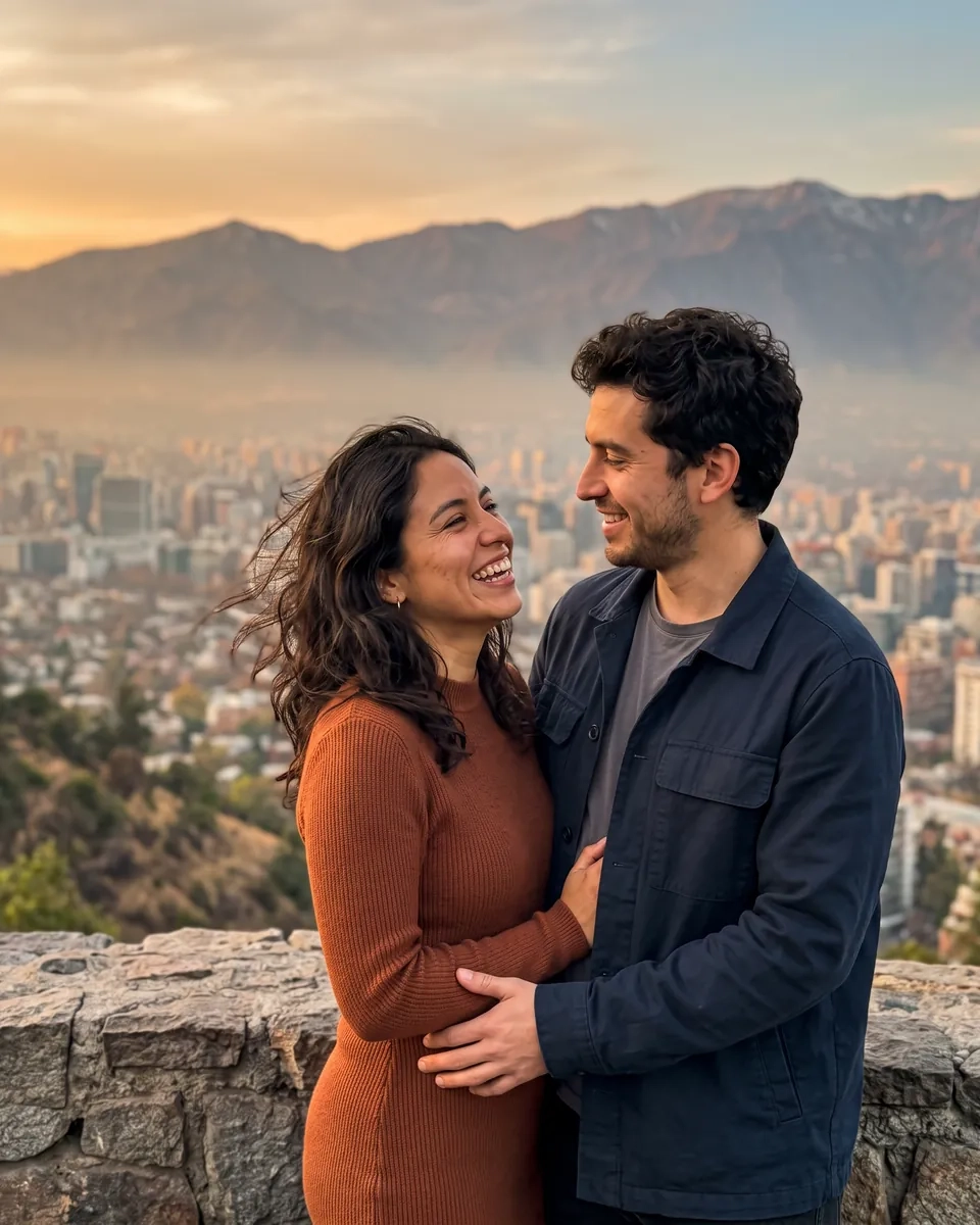 Una pareja abrazada en un mirador de un cerro sobre Santiago al atardecer, con la ciudad y la cordillera de los Andes al fondo (imagen generada por IA)