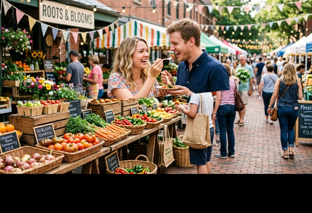 A happy couple enjoying a fun outdoor date at a farmers market
