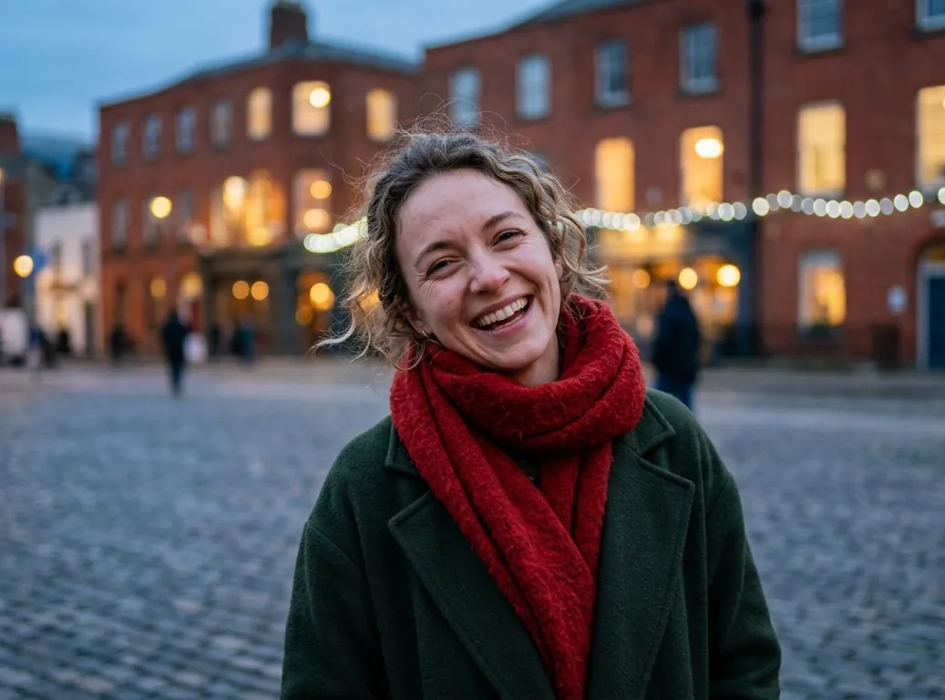 A woman with curly light-brown hair, a red wool scarf and a dark green coat laughs on a cobbled Dublin square at dusk, with red-brick buildings, warm lit windows and fairy lights behind her (AI-generated image)