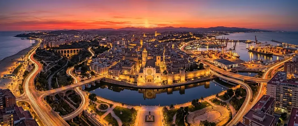 Vista aérea de Tarragona al atardecer, con la catedral, el casco antiguo y el puerto iluminados