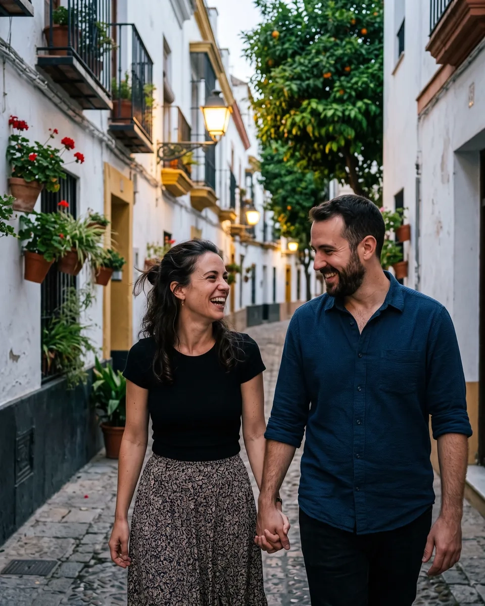 Un hombre y una mujer pasean de la mano por una calleja encalada del barrio de Santa Cruz, en Sevilla, al anochecer (imagen generada por IA)