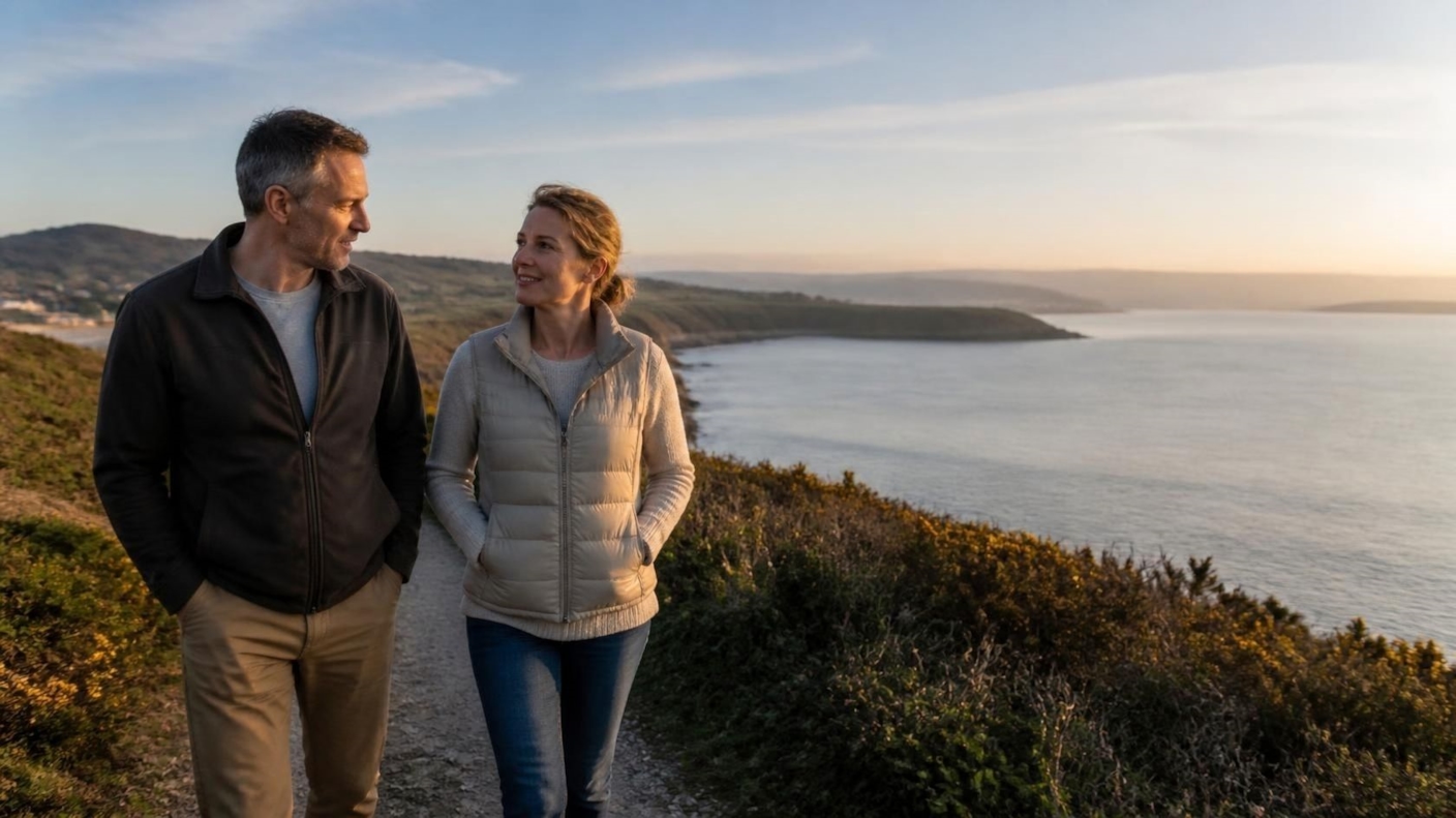 A man and woman walking and talking along a quiet coastal path at sunset