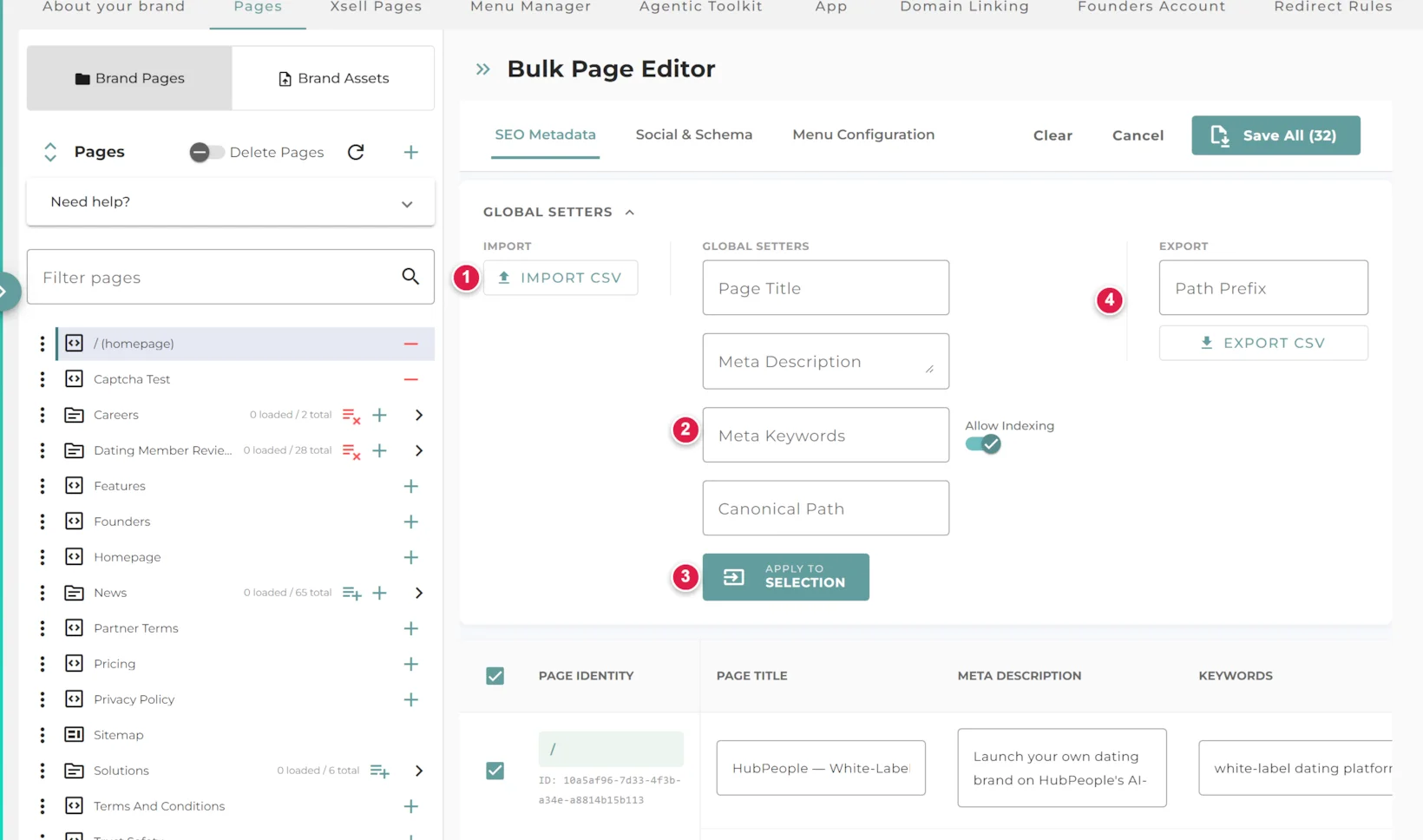 The Global Setters panel expanded on the SEO tab. Markers point to the Import CSV button, the value fields (Page Title, Meta Description, Meta Keywords, Allow Indexing, Canonical Path), the Apply to selection button, and the Path Prefix box with the Export CSV button.
