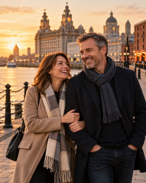 A happy couple walking arm in arm along the Liverpool waterfront at golden hour