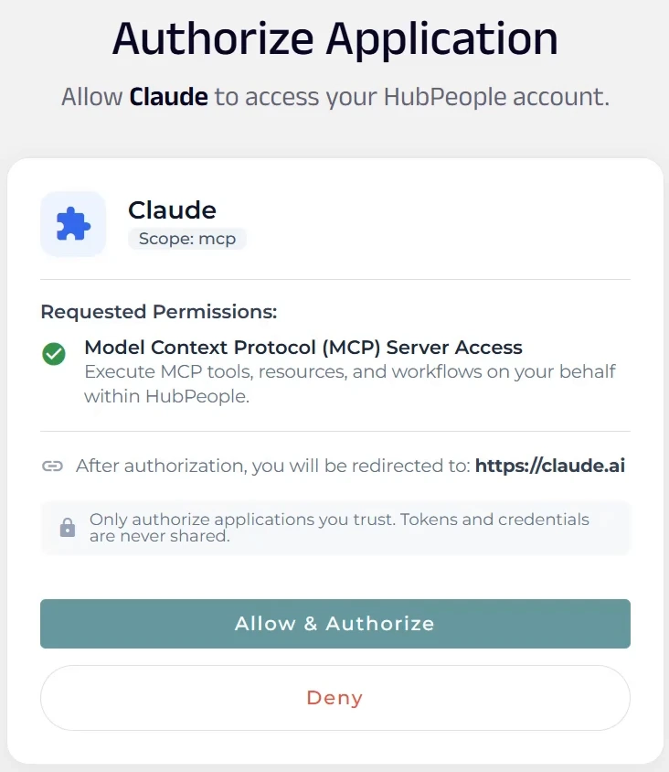 The HubPeople page asking to allow Claude to access your account.