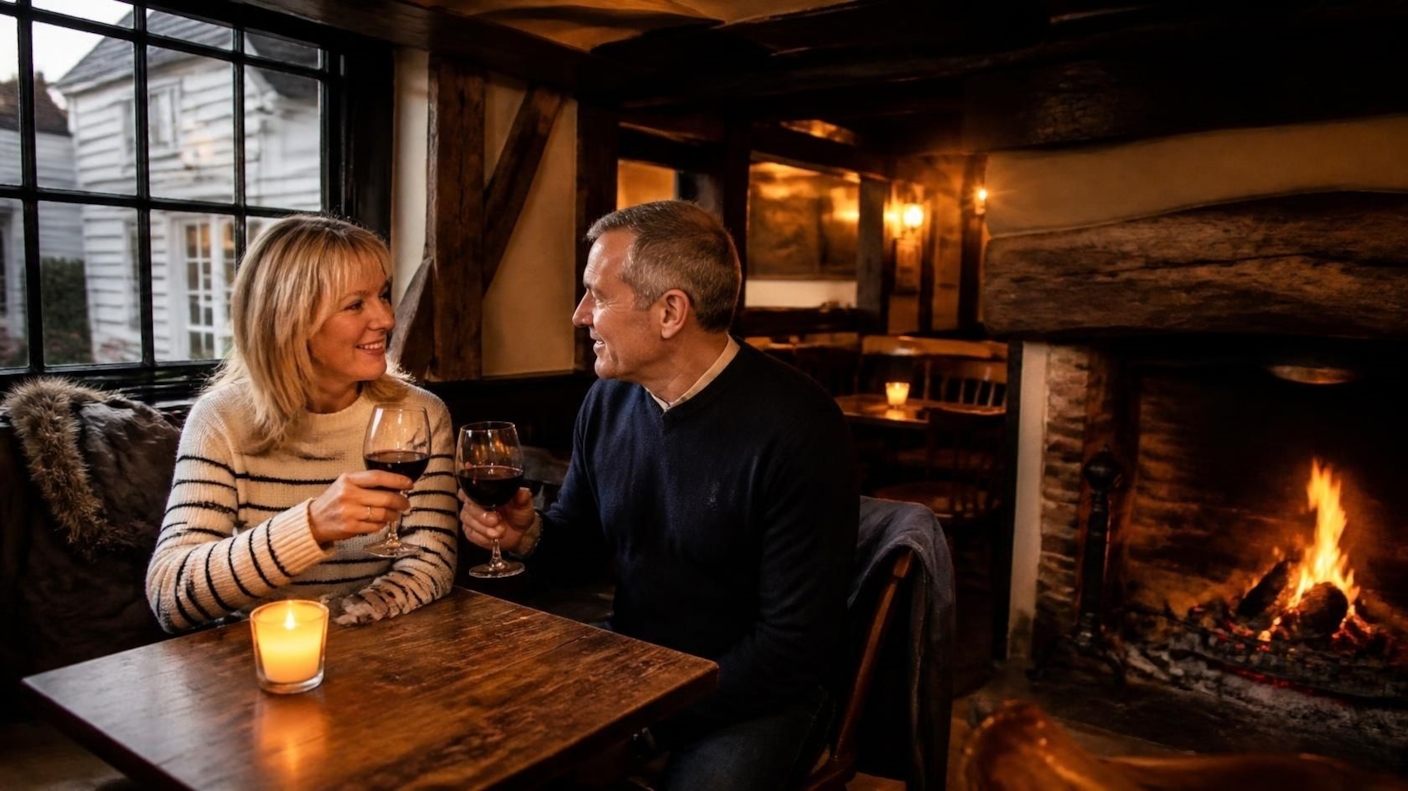 A couple sharing a drink by the fire in a cosy pub