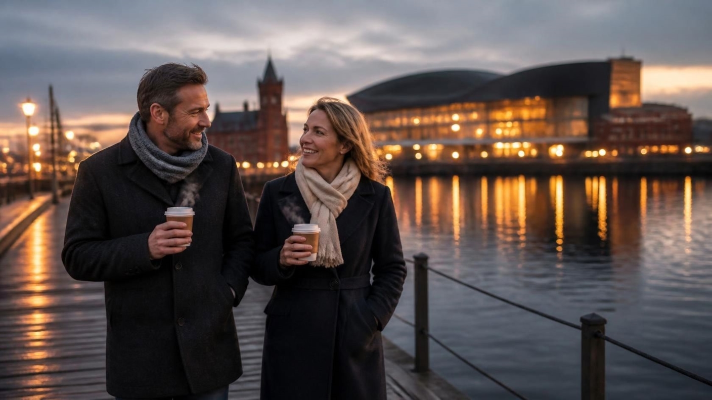 A couple in winter coats walking along a waterfront boardwalk at dusk with warm lights on the water