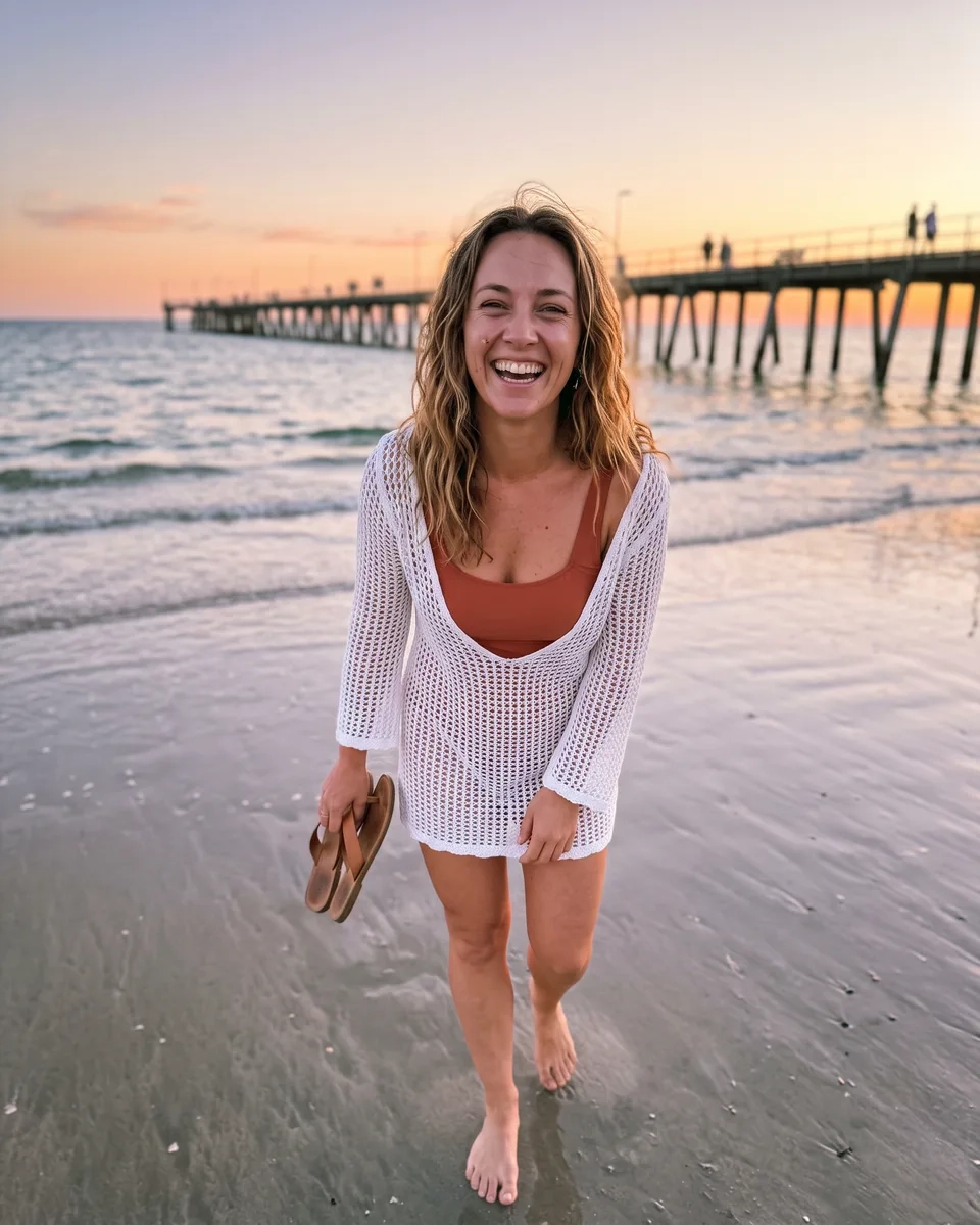 A woman with sun-bleached wavy hair and a white crochet cover-up laughs barefoot at the waterline on Glenelg beach at sunset, the long jetty behind her (AI-generated image)