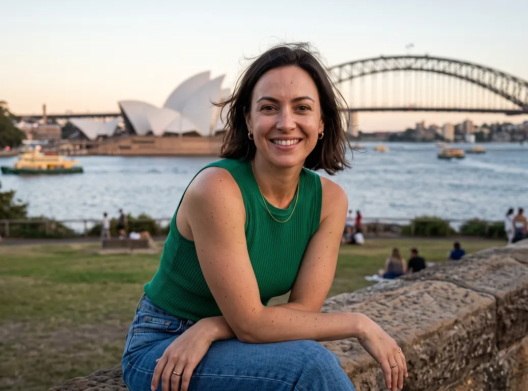 A woman with a glossy dark brown bob in an emerald green top leans on a sandstone harbour wall on the lawns near Mrs Macquarie's Chair in Sydney at golden hour and smiles at the camera, the Opera House and the Harbour Bridge behind her (AI-generated image)
