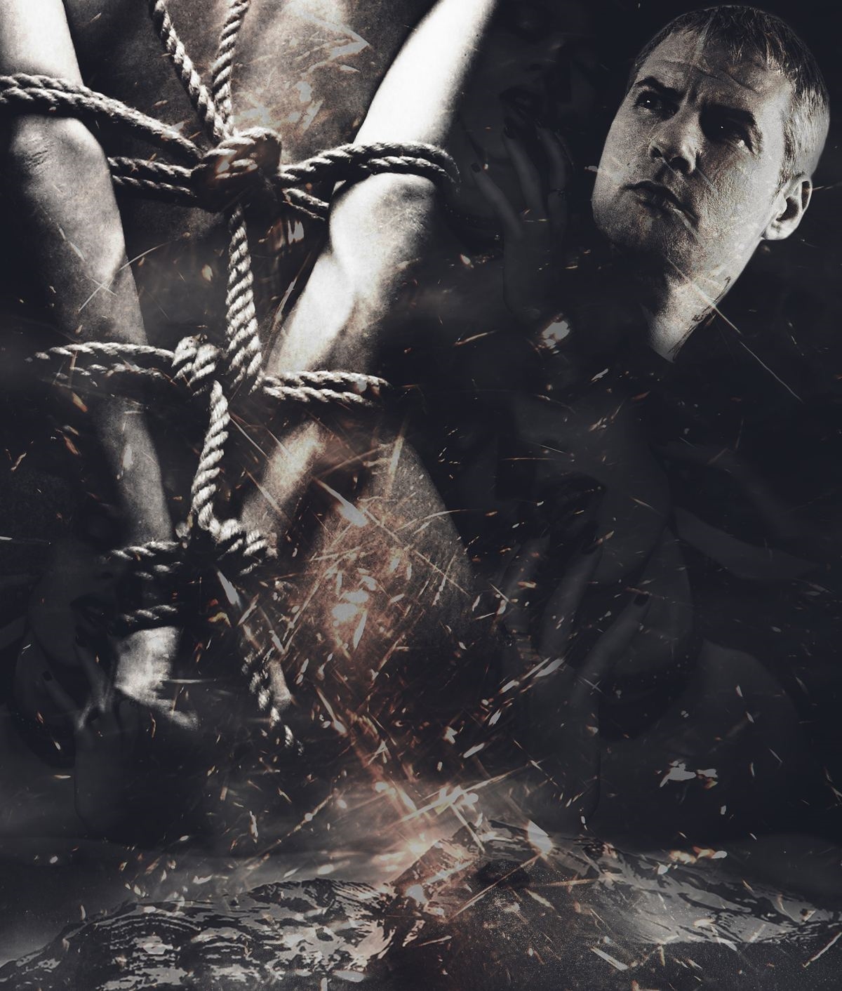Man in rope bondage, black and white photo