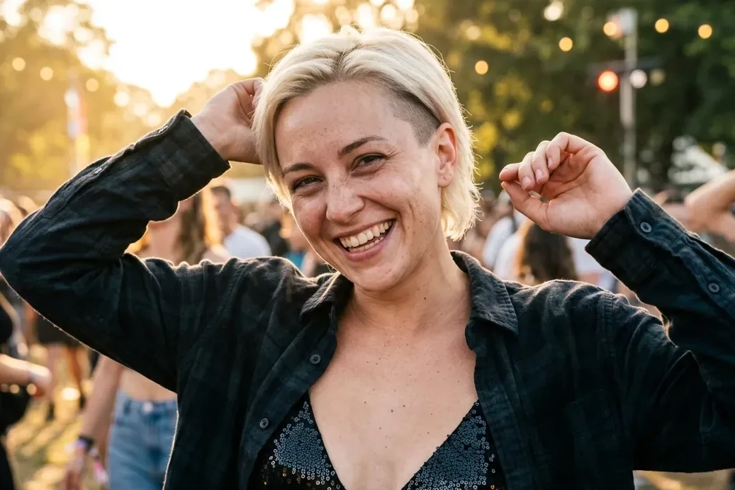 A laughing woman with bleached blonde hair and a sequinned top dances with her arms up at an outdoor summer music festival (AI-generated image)