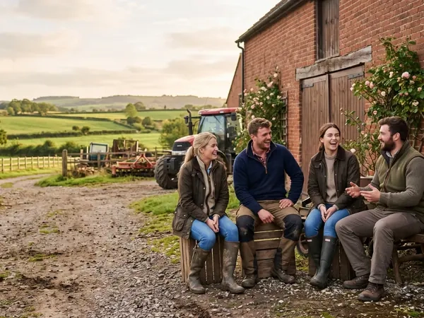 Four people in their thirties sitting talking outside a farm building at the end of the day