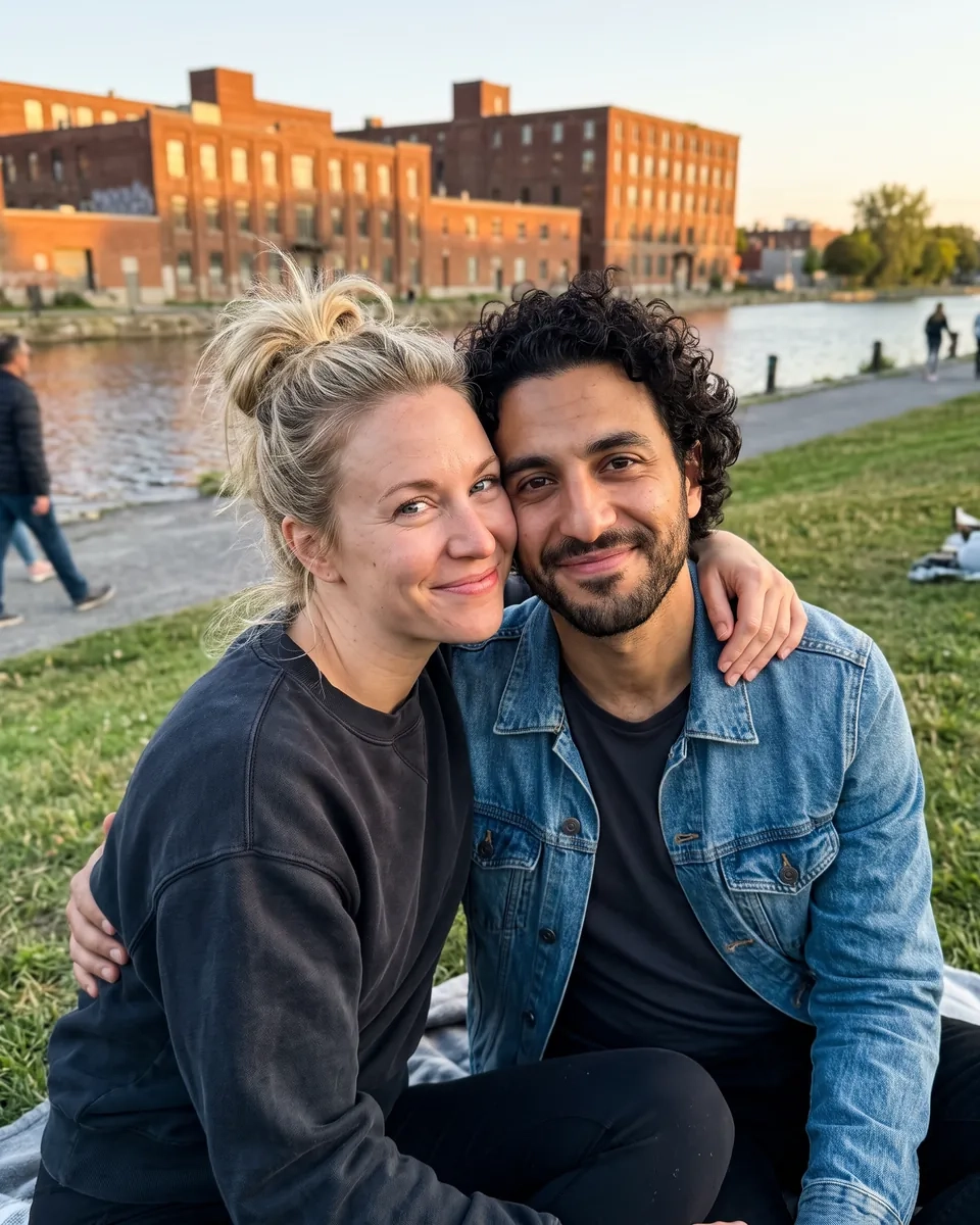 A close couple sitting on the grass by the Lachine Canal in Saint-Henri, Montreal, at golden hour (AI-generated image)