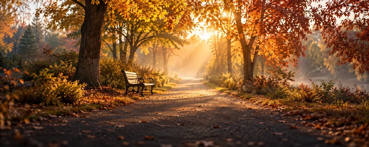 A park path early on an autumn morning with low sun through the trees and a single empty bench