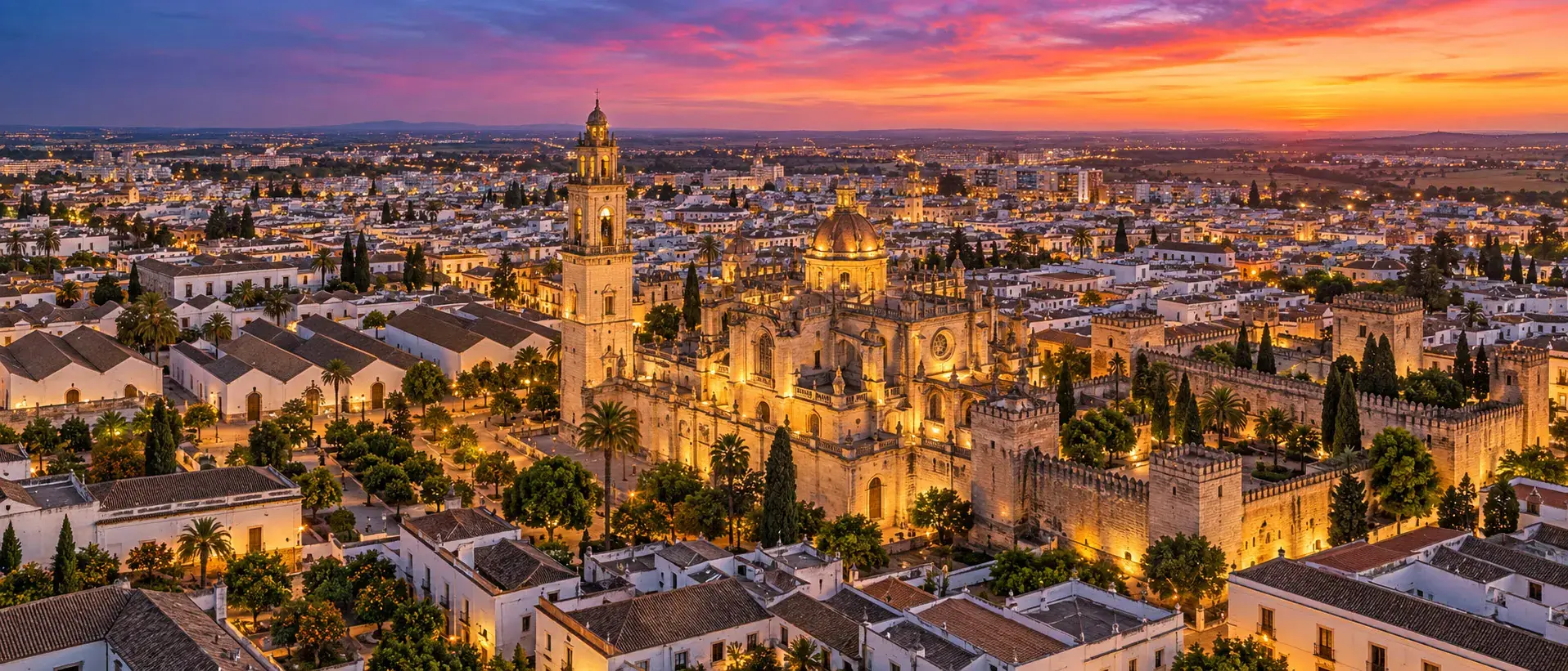 Jerez de la Frontera al atardecer con la catedral y el Alcázar iluminados entre casas encaladas y naves de bodega