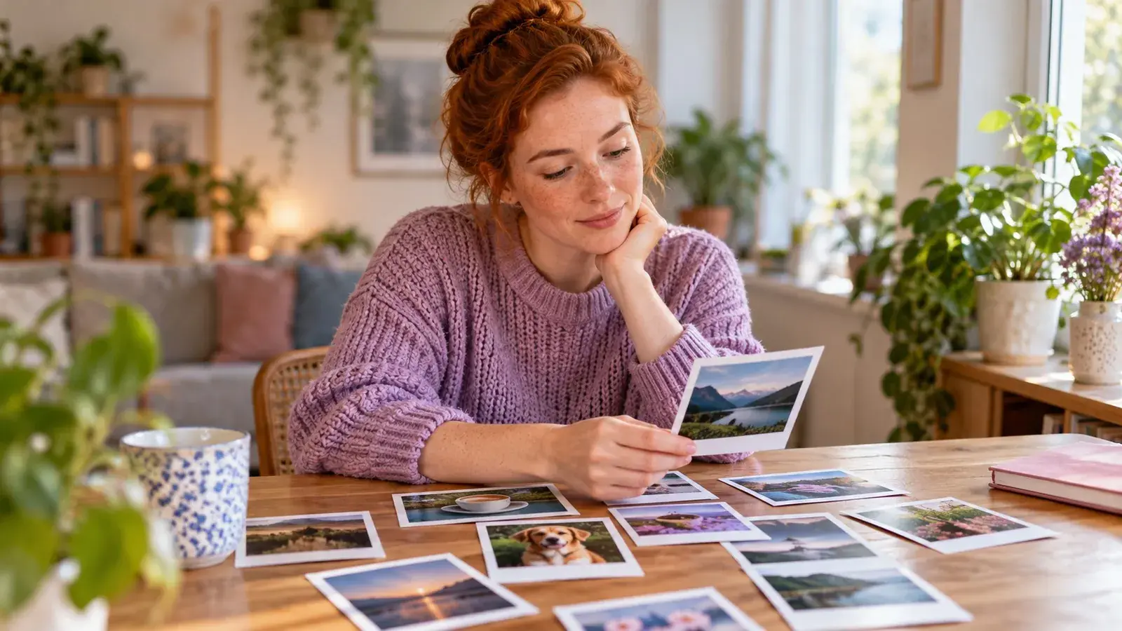 Persona revisa con calma fotos impresas de paisajes sobre una mesa junto a la ventana