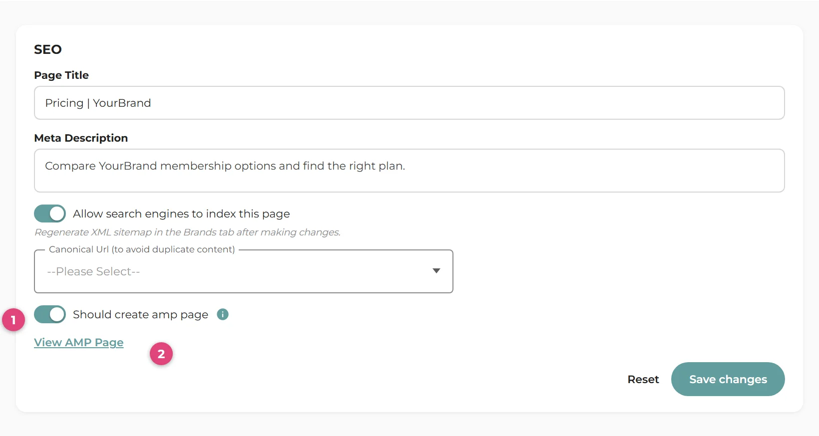 A page's SEO settings. Marker 1 points to the Should create amp page toggle; marker 2 points to the View AMP Page link beneath it.