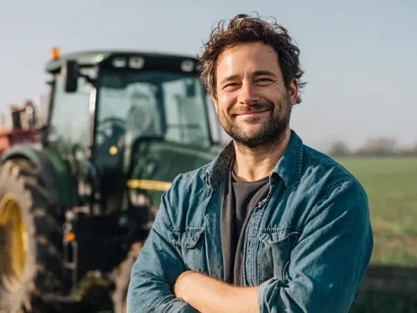 A man standing in a farmyard at the end of the working day