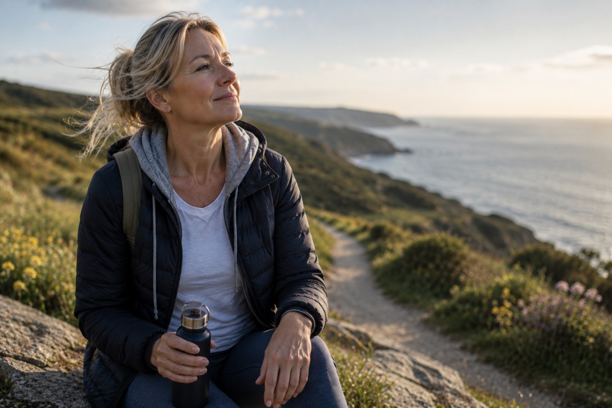 A woman sits on a rock along a coastal hiking path at sunset, holding a water bottle, looking out at the sea with a calm, contented expression
