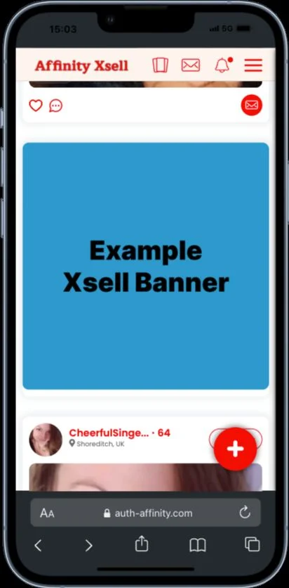 A phone showing a brand's activity feed with an Xsell banner advert placed between member posts.