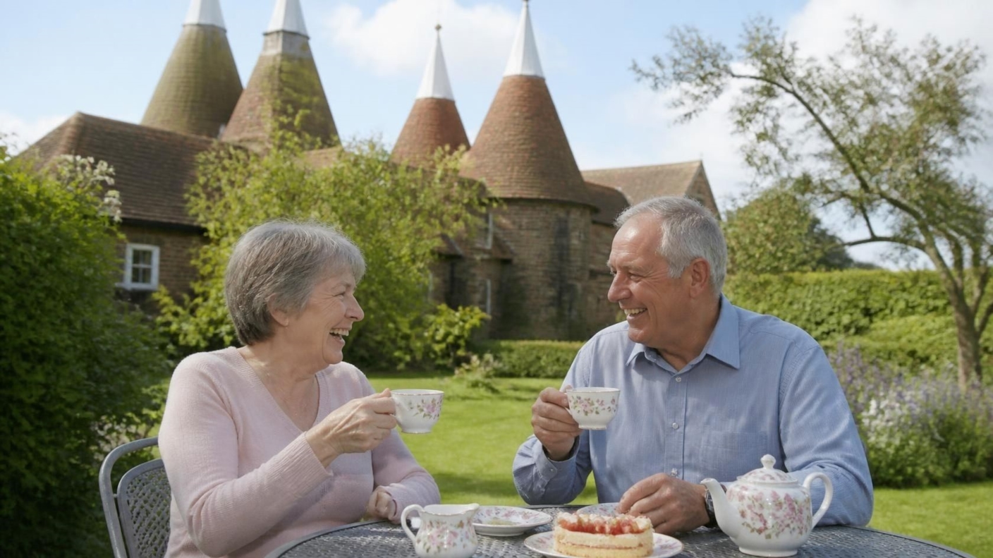 An older couple laughing over tea and cake outside a Kentish oast house