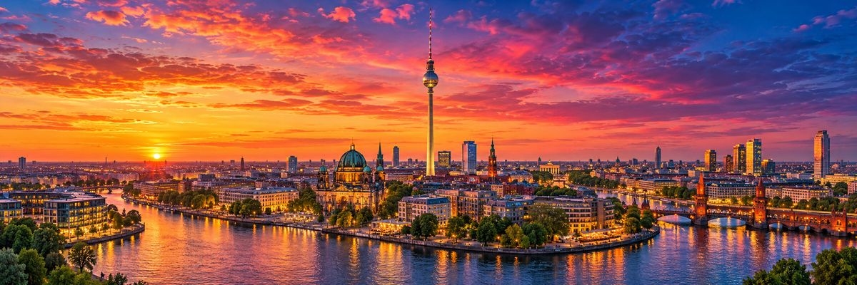 Panoramic view of the Berlin skyline at sunset