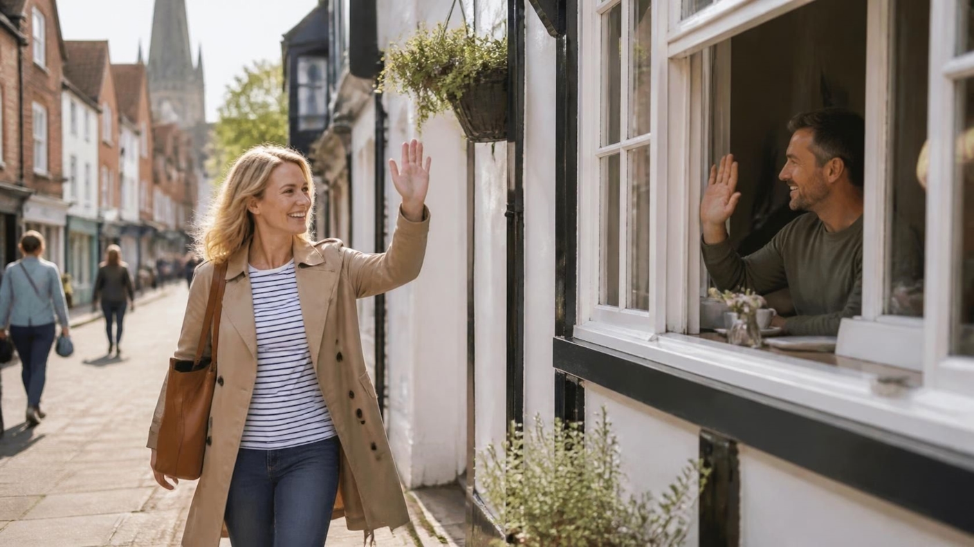 A woman waving hello as she arrives at a busy café
