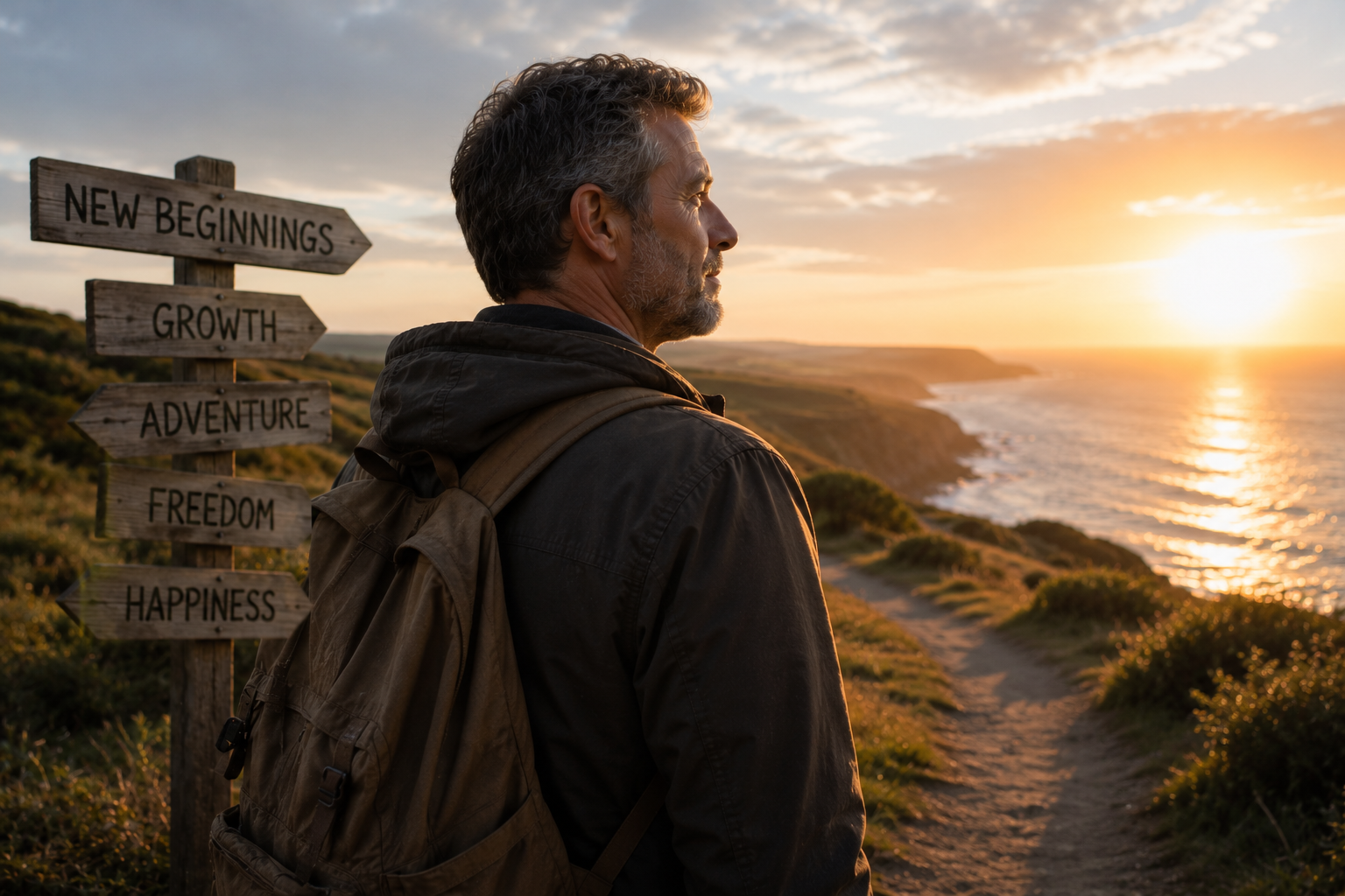 A man with a backpack stands on a coastal clifftop path at sunset, looking out at the sea beside a wooden signpost with arrows reading 'new beginnings,' 'growth,' 'adventure,' 'freedom,' and 'happiness'