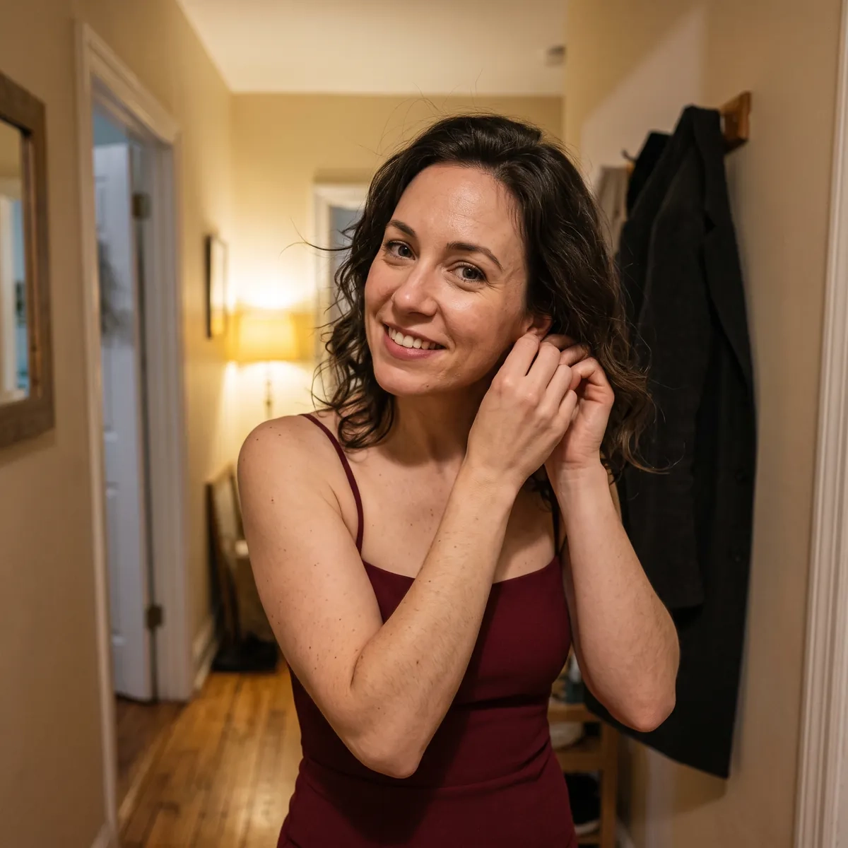 A woman with dark wavy hair in a wine-red dress with thin straps puts on an earring in her hallway before a night out and smiles at the camera (AI-generated image)