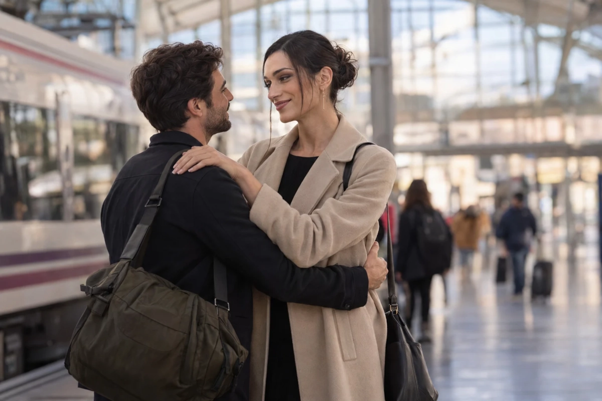 Pareja despidiéndose con calma en el andén de una estación de tren