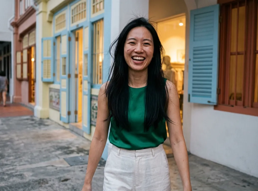 A woman with long straight black hair in an emerald satin top laughs on the covered walkway in front of pastel shophouses with ornate shutters at dusk (AI-generated image)